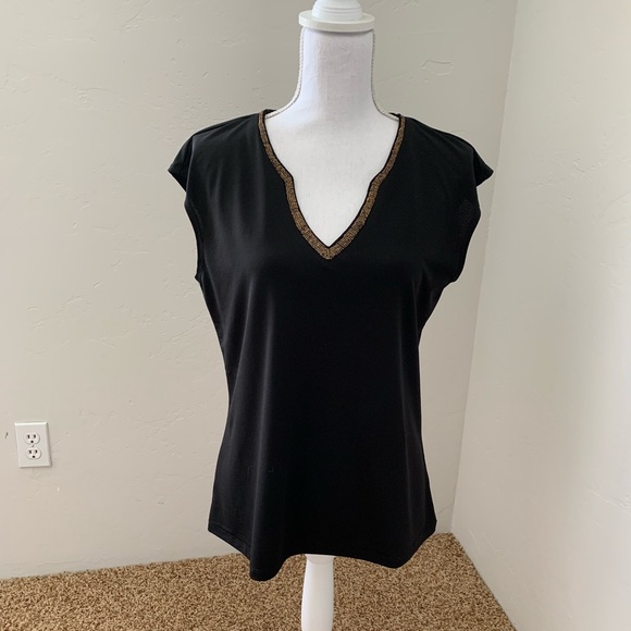 Black V-Neck Sleeveless Top with Beading - Picture 1 of 6